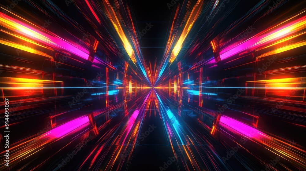 Poster dark abstract backdrop with glowing neon lines and geometric patterns, featuring multi-color rays an