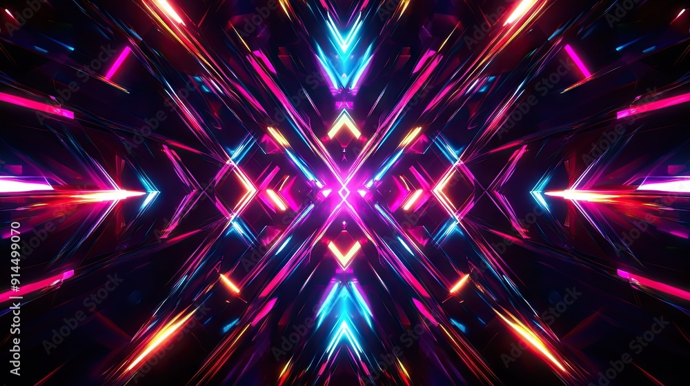 Aufkleber dark abstract backdrop with glowing neon lines and geometric patterns, featuring multi-color rays an