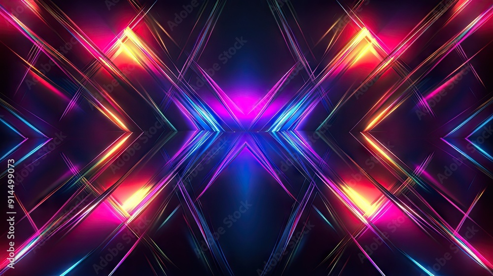Aufkleber dark abstract backdrop with glowing neon lines and geometric patterns, featuring multi-color rays an