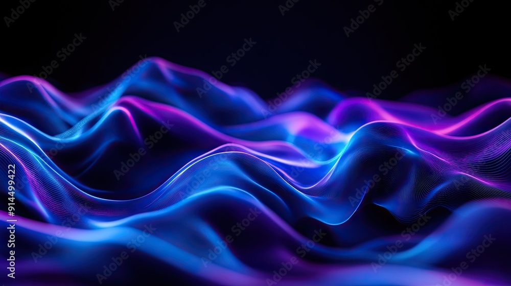 Poster dark background featuring abstract blue and purple waves, creating a visually striking effect. -
