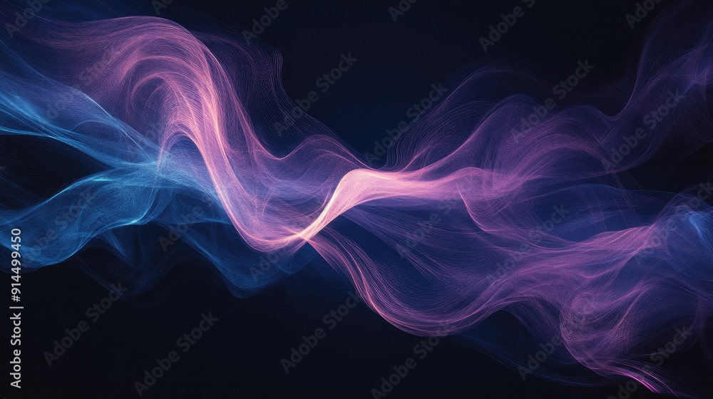 Poster dark background featuring abstract blue and purple waves, creating a visually striking effect. -