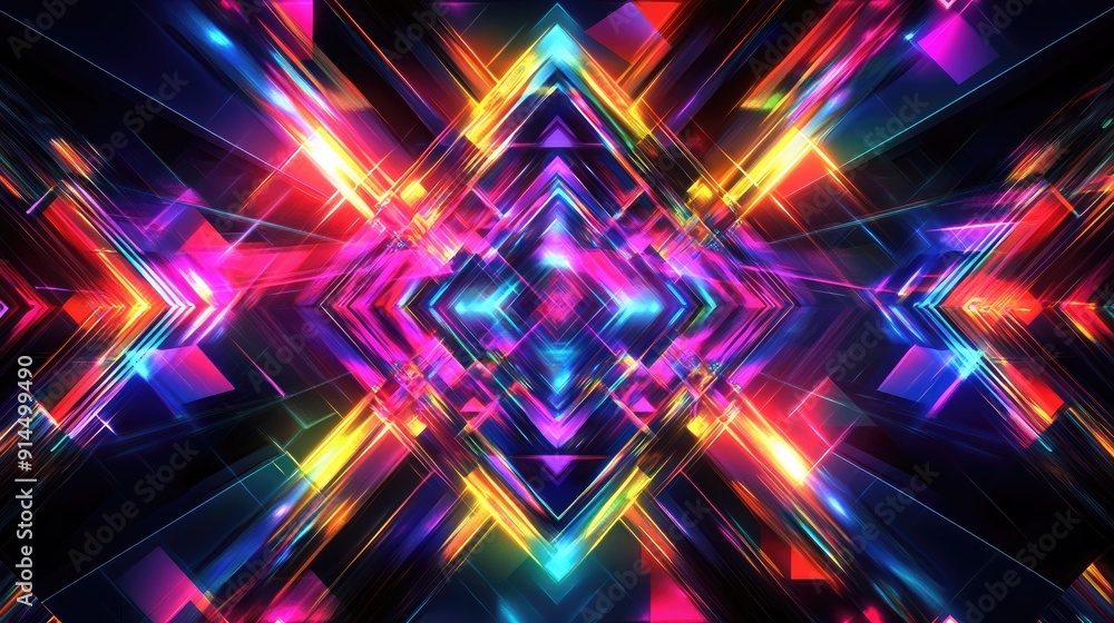 Poster dark background featuring vibrant neon rays and geometric patterns, with multi-color lights and symm