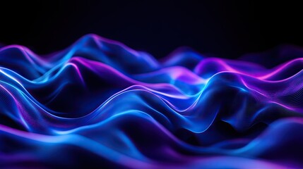 Dark background featuring abstract blue and purple waves, creating a visually striking effect. -