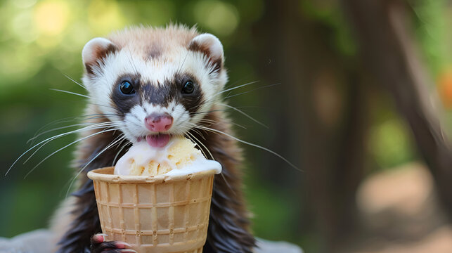 cute funny hamster sitting on blured green background with  ice cream cone ,hmaster smiling at the camera eating ice cream on a blurred grass lawn background
