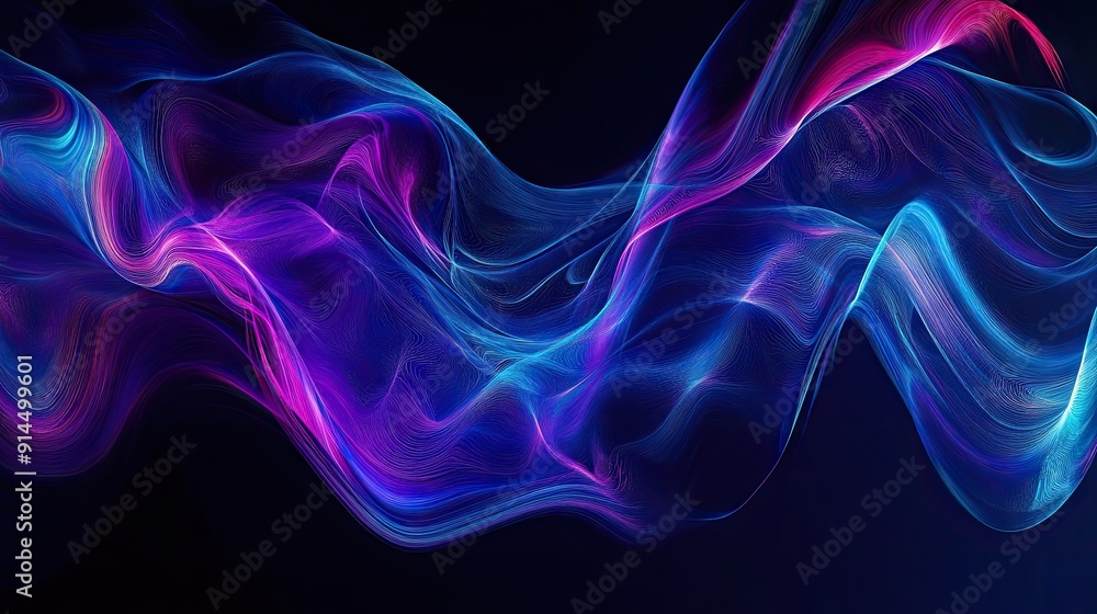Poster Dark background with vibrant blue and purple wave patterns, creating a captivating visual effect. --