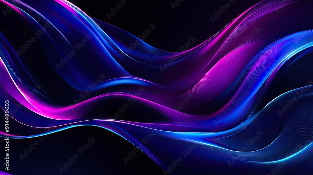 Poster dark background with elegant blue and purple waves, creating a dynamic and eye-catching design.