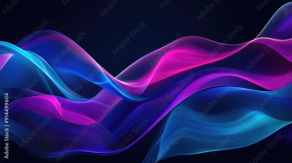 Poster Dark background with vibrant blue and purple wave patterns, creating a captivating visual effect. --