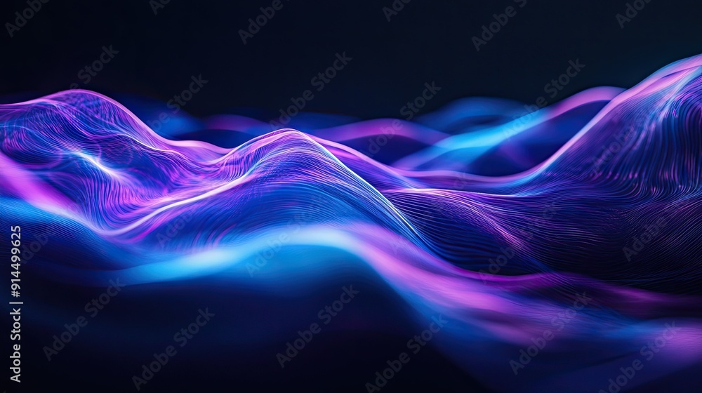 Poster Dark background with vibrant blue and purple wave patterns, creating a captivating visual effect. --