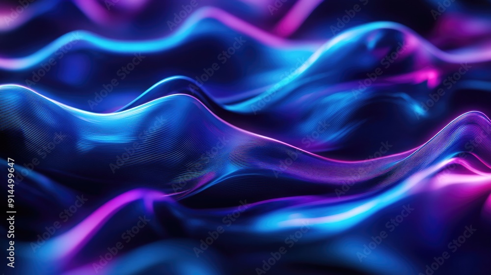 Poster Dark background with vibrant blue and purple wave patterns, creating a captivating visual effect. --