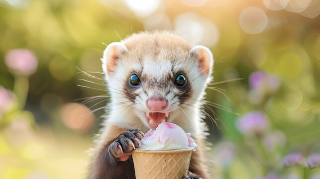 cute funny hamster sitting on blured green background with  ice cream cone ,hmaster smiling at the camera eating ice cream on a blurred grass lawn background
