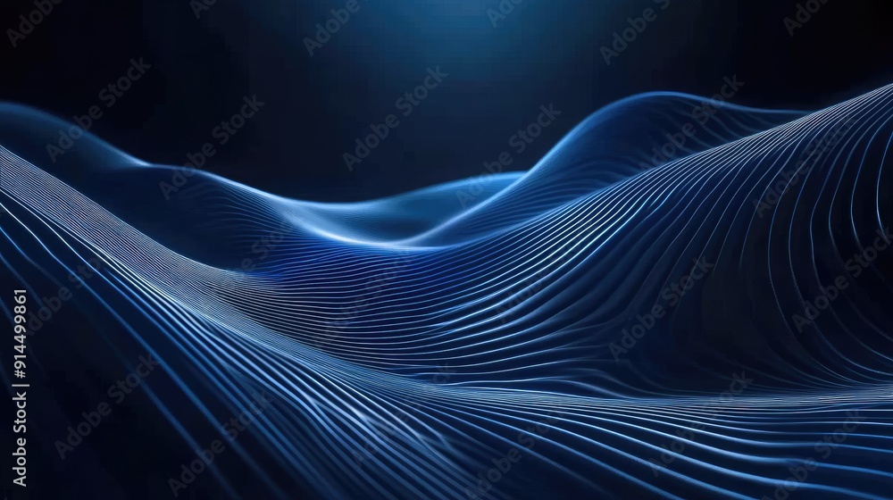 Poster dark blue backdrop with luminous wave lines, ideal for creating stylish and high-tech abstract effec