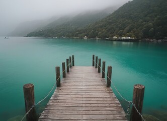 Obraz premium A Beautiful Serene Lake View Featuring a Wooden Pier Set Within a Misty Landscape Scene