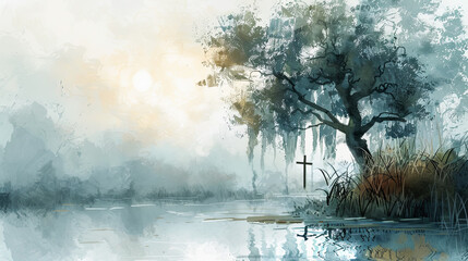 Misty swamp landscape with cross and sun digital art painting faith religion god jesus christ christianity bible gospel heaven easter spiritual illustration artwork background wallpaper