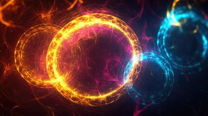 Digital fractal of glowing circles on a dark background, ideal for highlighting text, signs, and business ads. -