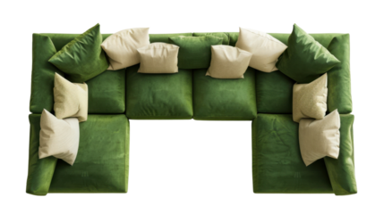 Cozy green sofa top view on transparent background