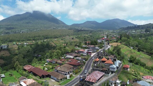 Northern mountainous part of the island of Bali in Indonesia, view from above of the road through the mountains
