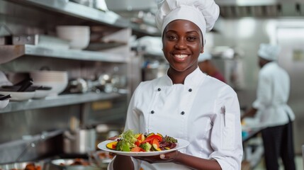 African american woman chef in a white uniform holds a plate of salad while standing in a restaurant kitchen