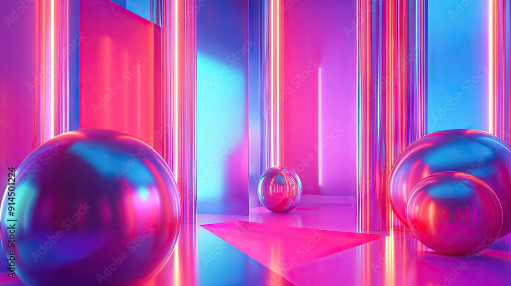 Poster elegant 3d render featuring shiny shapes with luminous effects on a neon gradient stage. perfect for