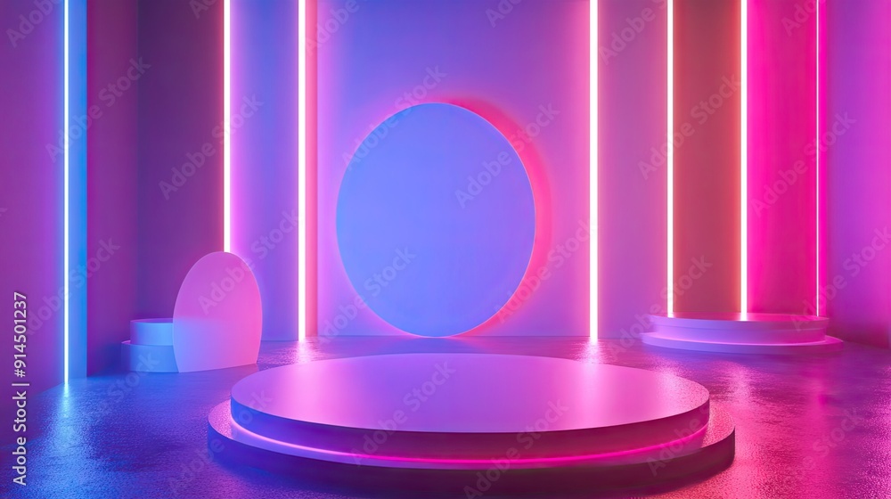 Poster elegant 3d render featuring shiny shapes with luminous effects on a neon gradient stage. perfect for
