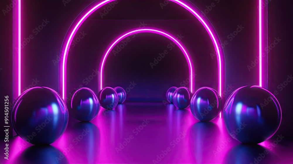 Poster elegant 3d render featuring shiny shapes with luminous effects on a neon gradient stage. perfect for