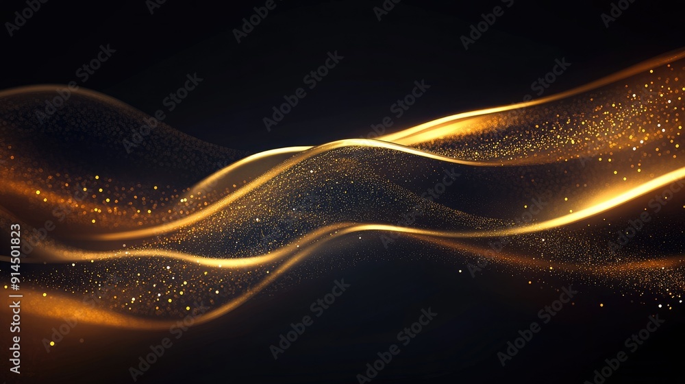 Poster elegant glowing gold lines on dark background with sparkle effects, ideal for luxury style projects 