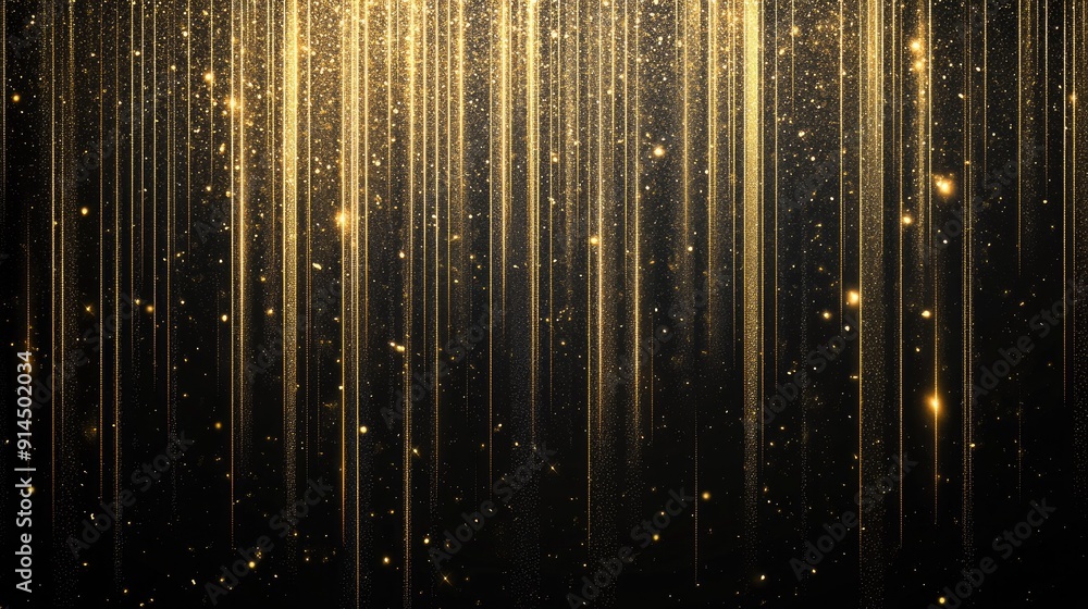 Poster elegant gold vertical lighting lines with sparkle on dark background, ideal for luxury design projec