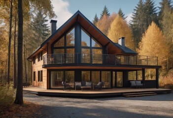 There is a beautiful log cabin nestled in the middle of a forest during autumn