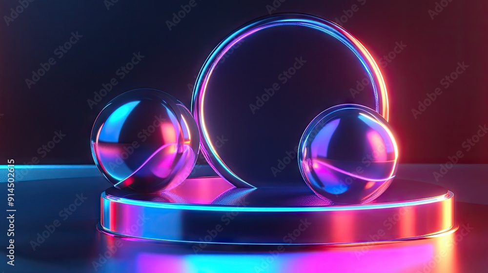 Aufkleber elegant, shiny 3d shapes illuminated on a neon gradient stage, captured in a 3d render. ideal for sh