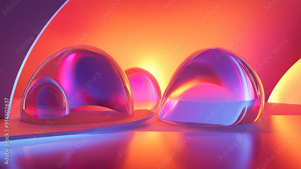 Aufkleber elegant, shiny 3d shapes illuminated on a neon gradient stage, captured in a 3d render. ideal for sh