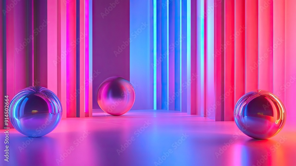 Poster Elegant, shiny 3D shapes illuminated on a neon gradient stage, captured in a 3D render. Ideal for showcasing modern and futuristic design elements.