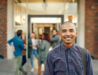 Obraz premium Portrait, happy man or student on outdoor campus in university for opportunity, future or study in college. Confident, biracial person or proud scholar with smile for school, education or scholarship