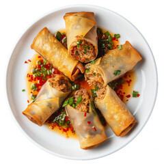 Pork confit eggrolls tender pulled pork filled eggrolls served in a sweet chili basil sauce