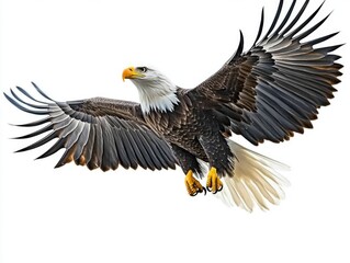 Obraz premium A bald eagle soaring through the sky, wings outstretched
