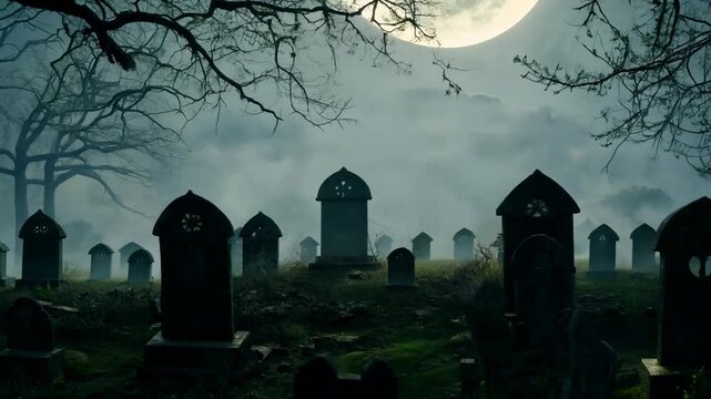 Halloween background. An old rickety tombstones in an abandoned cemetery under the full moon.