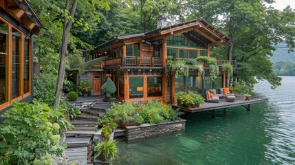 Fototapeta premium Modern glass house by lake with lush green surroundings.