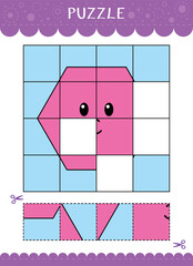Puzzle for kids. Cut and glue. Find the missing parts of the picture. Vector worksheet of simple educational game