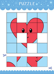 Puzzle for kids. Cut and glue. Find the missing parts of the picture. Vector worksheet of simple educational game
