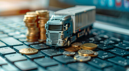 Miniature truck and cargo on computer keyboard with stacked coins, online trading and global logistics concept. AI Generated