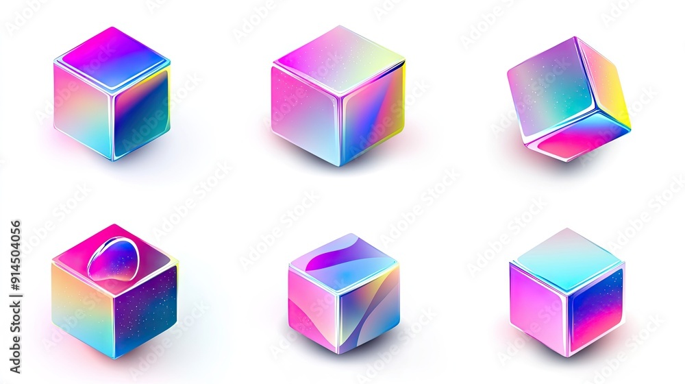 Poster geometric 3d cubes collection with holographic gradient colors, isolated on a white background, feat