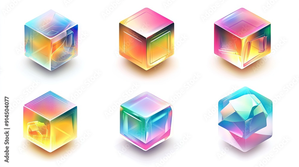 Poster geometric 3d cubes collection with holographic gradient colors, isolated on a white background, feat