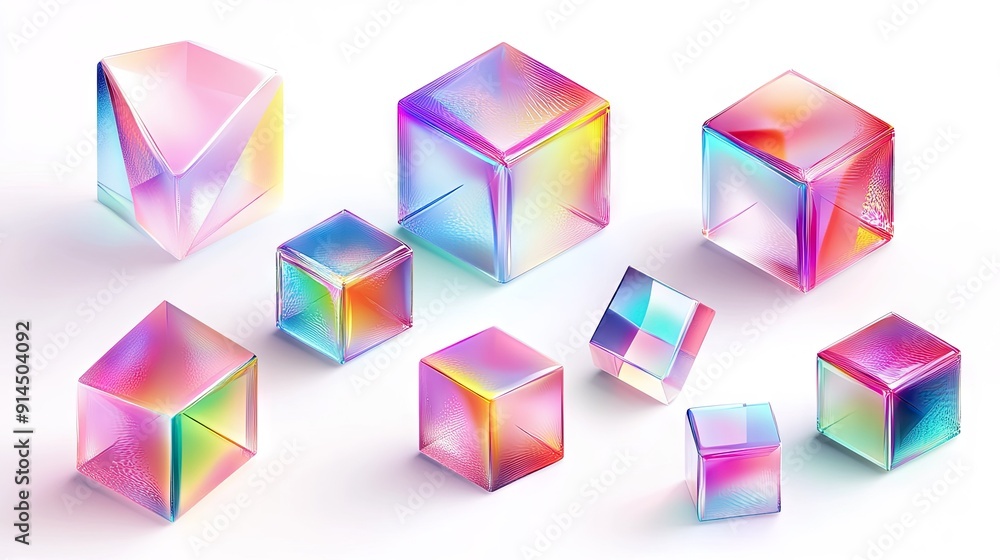 Poster geometric 3d cubes collection with holographic gradient colors, isolated on a white background, feat