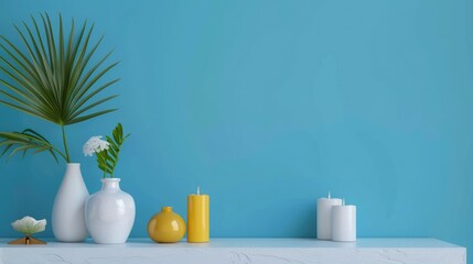 Vibrant arrangement on blue wall with shelf, decorative items, vases with leaves, candles, and blank space. Home decoration. Template.