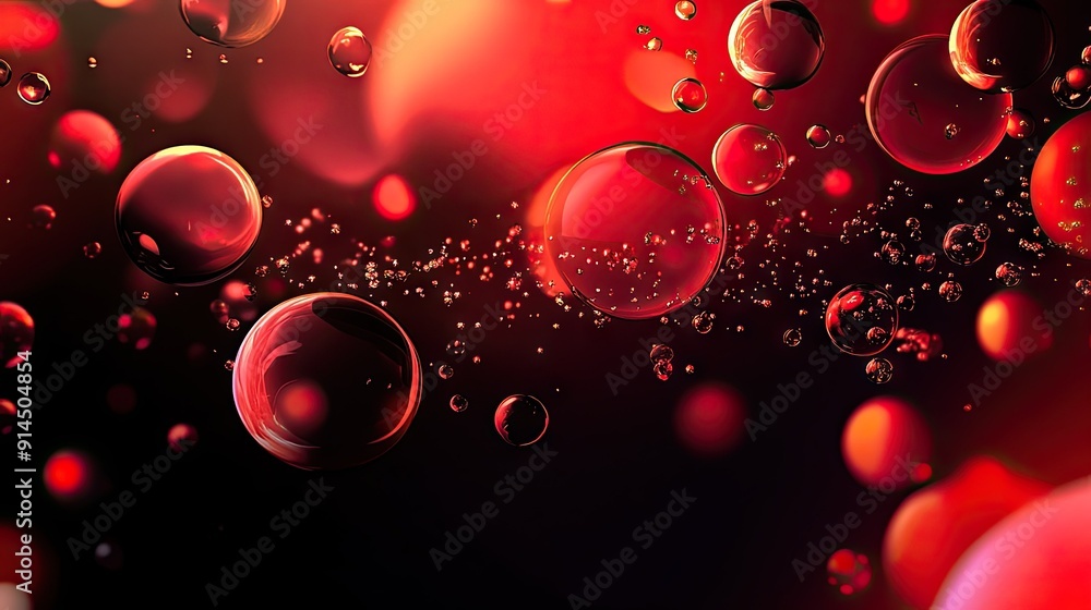 Poster geometric circles and bubbles with red light on a red and black gradient backdrop, ideal for creatin