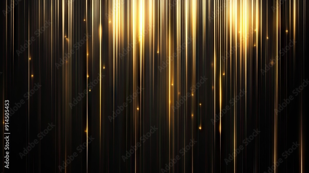 Poster glowing gold vertical lines with lighting effects on dark background, creating a luxurious feel with