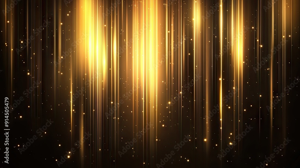 Poster glowing gold vertical lines with lighting effects on dark background, creating a luxurious feel with