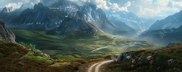 Rugged mountain pass with a winding dirt road leading to a hidden village, 4K hyperrealistic photo