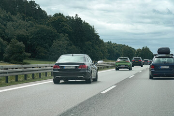 Vehicles on a high-speed highway.