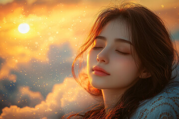 A Beautiful Woman Sleeping on a Cloud Above a Tranquil Landscape at Sunset.
