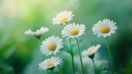 A bunch of white daisies are in a field of green grass © Oulailux
