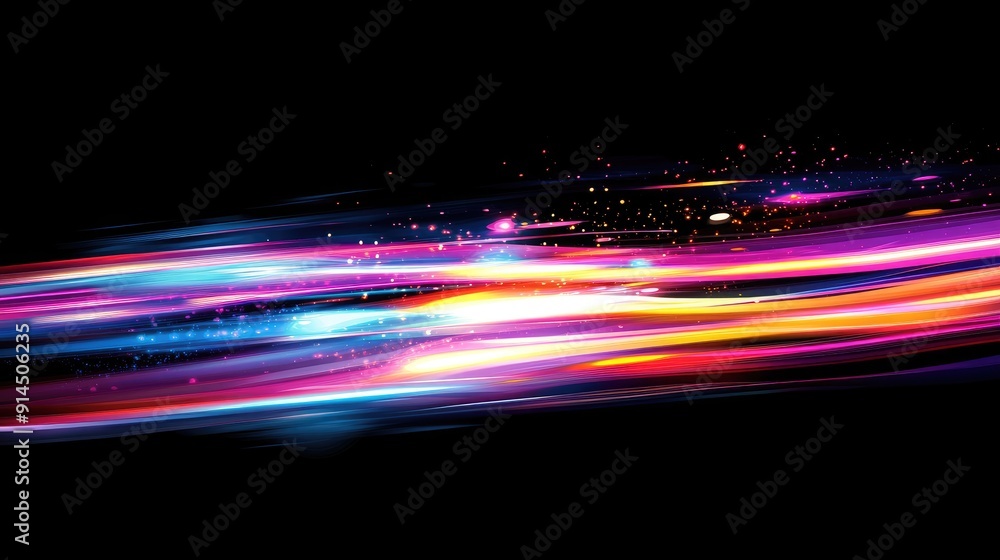 Poster long time exposure effect of colorful light trails with motion blur, illustrated in a vivid and dyna